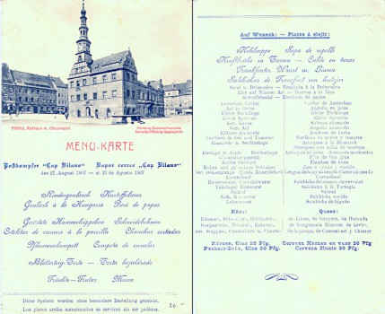 Menü-Karte des Postdampfers Cap Vilano
