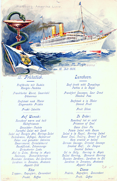 Speisekarte der Oceana (Hamburg-Amerika-Linie) 1906