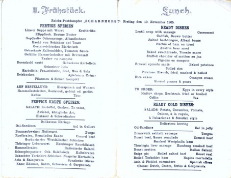 Speisekarte vom Reichspost-Dampfer Scharnhorst 1905