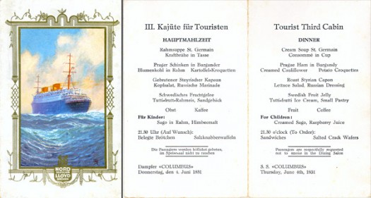 Touristenmenü 1031 auf dem NDL-Dampfer Columbus