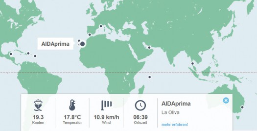 Kreuzfahrt-Schiffe von AIDA auf einer Weltkarte orten