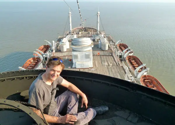 Peter Knego on top of the former MV AUGUSTUS' funnel at Alang