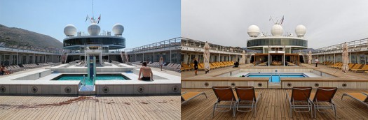 Vergleich: Pool vor der Renovierung (links) und danach (rechts)