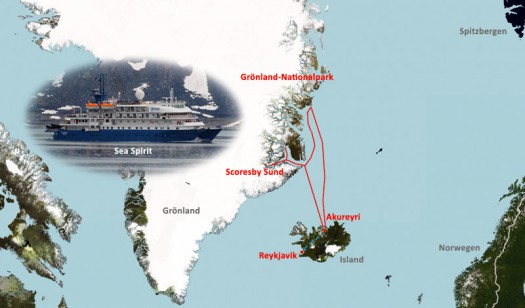 Fahrtroute der Sea Spirit von Island nach Ost-Grönland (Karte: Open Street Maps)