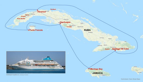 Fahrtroute der Celestyal Crystal rund um Kuba (Bild: Celestyal Cruises, Open Street Maps)
