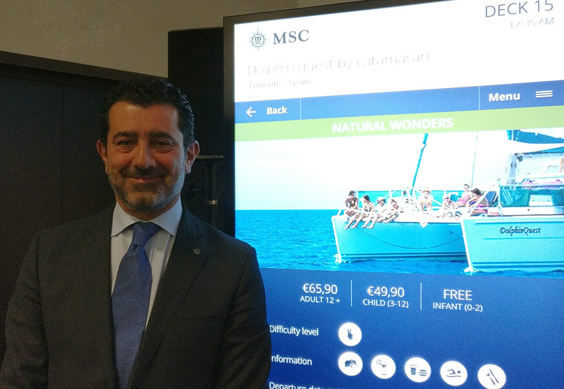 MSC-Cruises-CEO Gianni Onorato präsentiert das Smart-Ship-Konzept auf der ITB in Berlin.