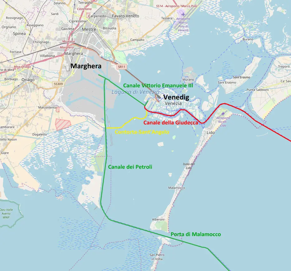 Die diskutierten Routenführungen in der Lagune von Venedig (Karte basiert auf Open Street Maps, CC BY-SA 2.0)