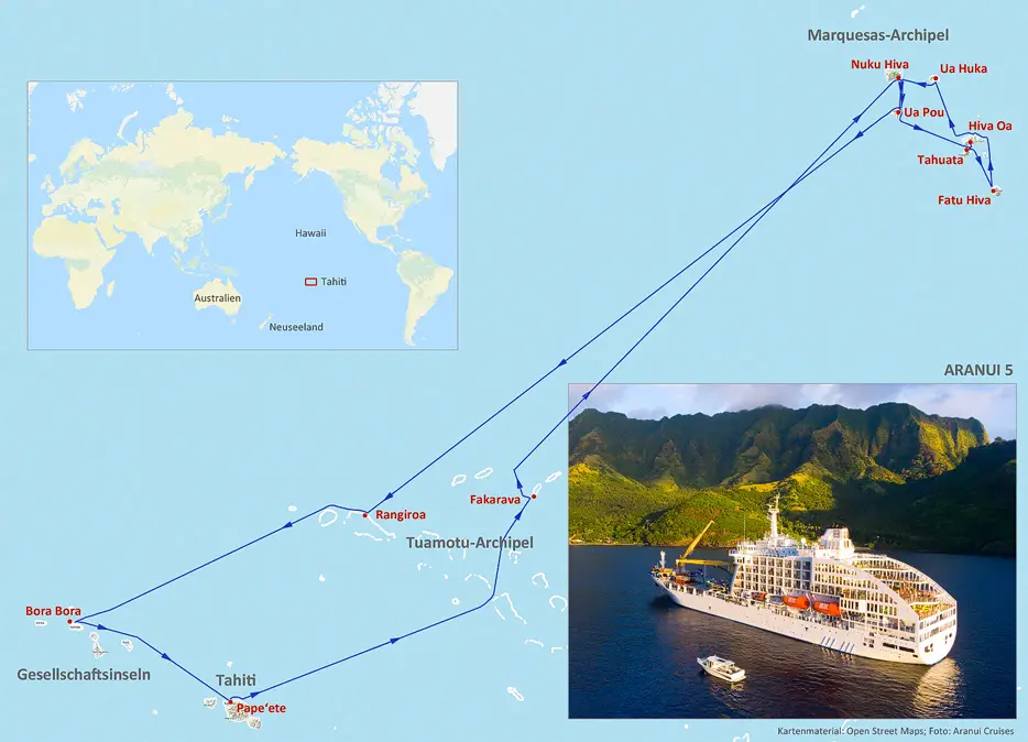 Fahrtroute der Aranui 5 (Kartenmaterial: Open Street Maps; Bild: Aranui Cruises)