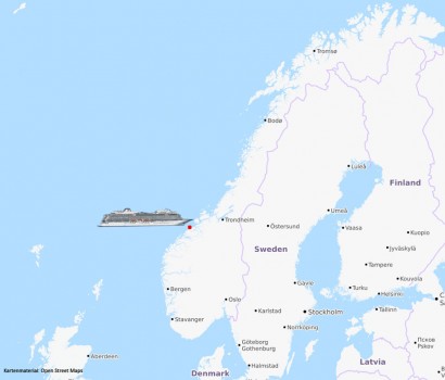 Position der Viking Sky zum Zeitpunkt des Ausfalls der Maschinen (Kartenmaterial: Open Street Maps)