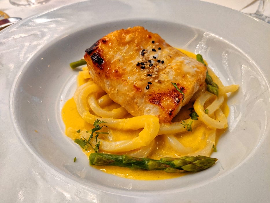 Roasted Teriyaki Black Cod, Sesame-Togarashi Crust, stir-fried undo, pineapple-curry sauce