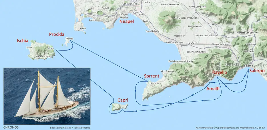 Geplante Route der Chronos an der Amalfiküste und im Golf von Neapel 