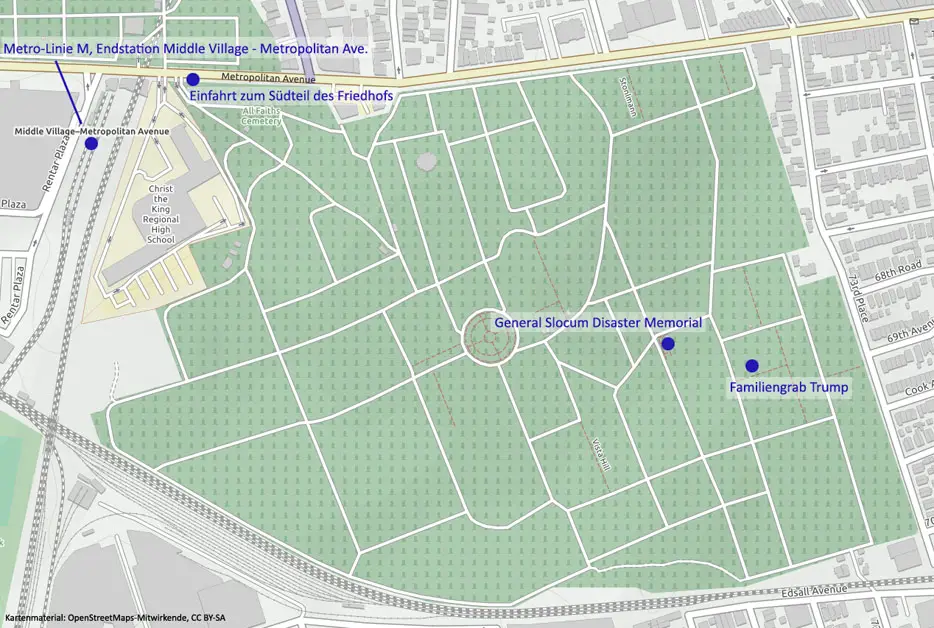 All Faiths Cemetary, Queens (Kartenmaterial: OpenStreetMaps-Mitwirkende, CC BY-SA)