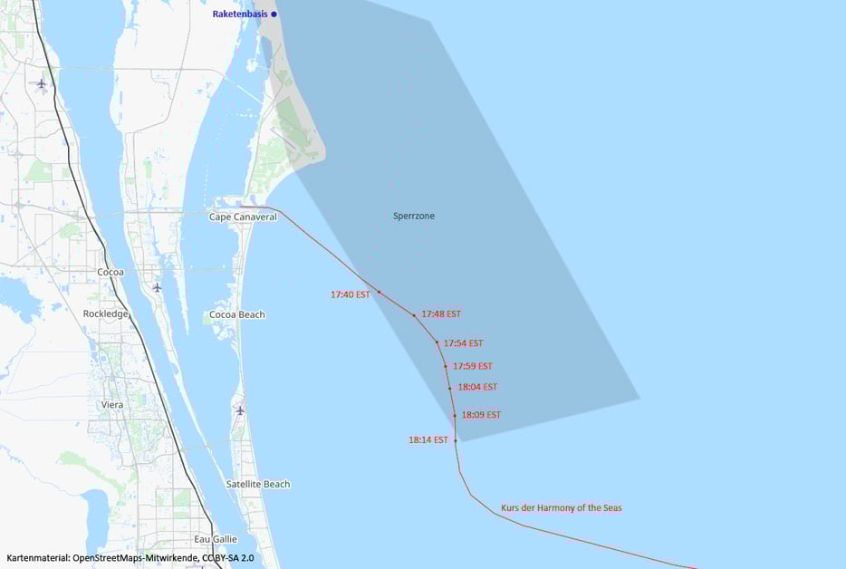 ungefährer Kurs der Harmony of the Seas und Sperrzone