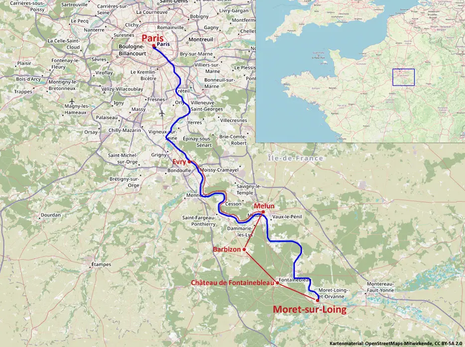 Die Fahrtroute der Fleur von Moret-sur-Loing nach Paris (Kartenmaterial: OpenStreetMaps-Mitwirkende, CC BY-SA 2.0)
