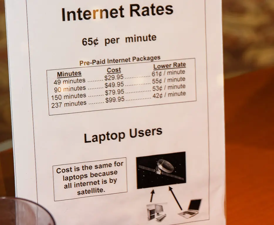Preistabelle für Internetzugang auf einem Kreuzfahrtschiff im Jahr 2010