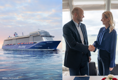 Werft-Chef Tim Meyer übergibt die ein Schiff 7 an TUI-Cruises-CEO Wybcke Meier (Bilder: TUI Cruises)