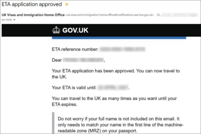 ETA-Genehmigung, Großbritannien