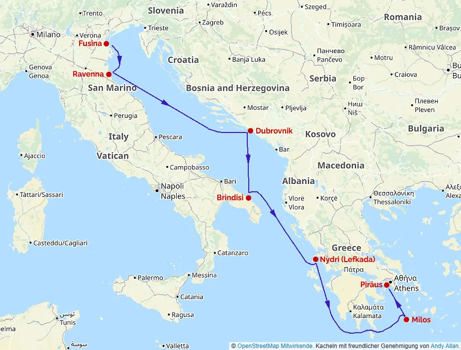 Fahrtroute der Explora I, August 2025, östliches Mittelmeer