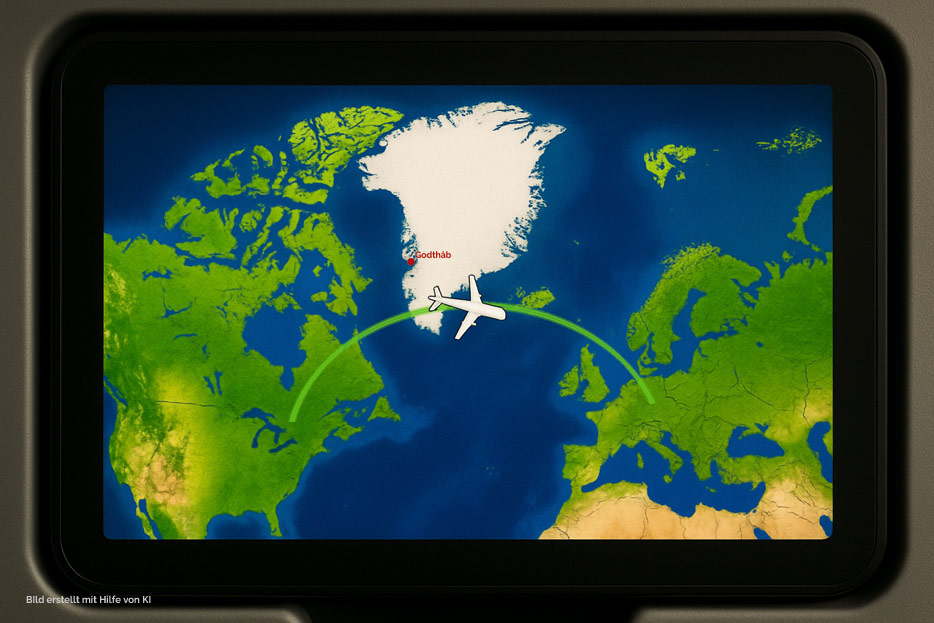 Godthåb alias Nuuk auf interaktiven Karten im Flugzeug