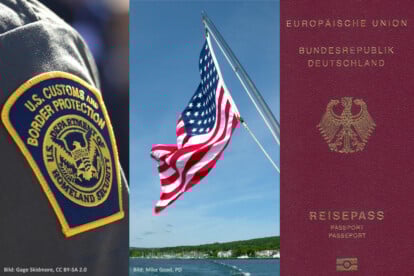 USA-Reise: Symbolbild US-Flagge, CBP-Badge, Reisepass