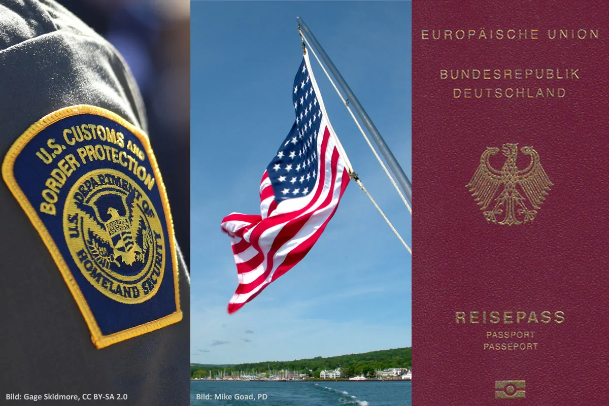 USA-Reise: Symbolbild US-Flagge, CBP-Badge, Reisepass