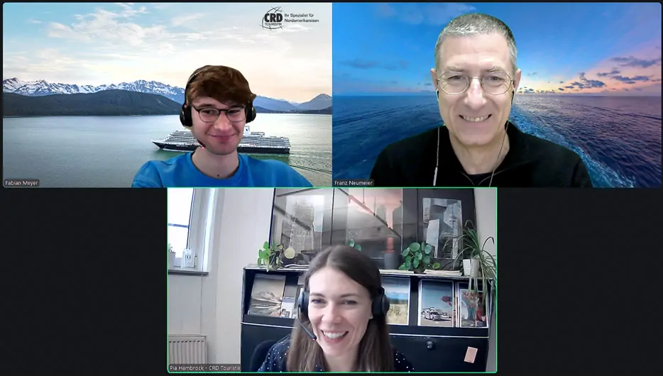 Pia Hambrock und Florian Meyer, CRD Touristik, im Zoom-Interview mit Franz Neumeier (cruisetricks.de)