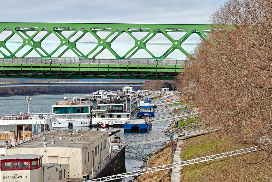 Flusskreuzfahrtschiffe auf der Donau bei Bratislava