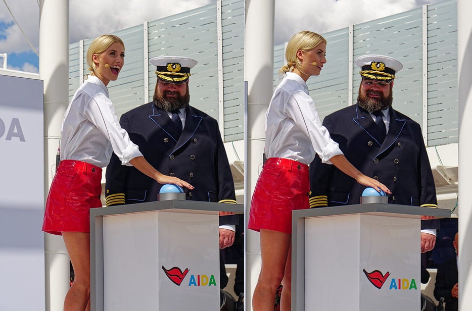 Erst Enthusiasmus, dann der Schreck bei Model Lena Gehrke, als die Flasche bei der Taufe der AIDAperla am 30. Juni 2017 in Palma de Mallorca nicht beim ersten Versuch bricht.