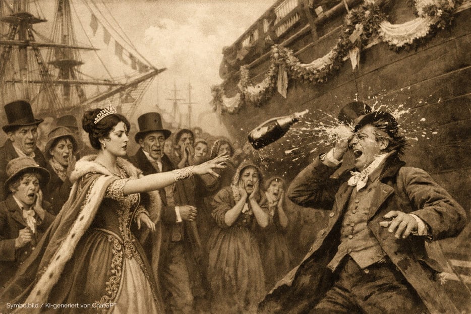 Champagnerflasche trifft Zuschauer statt Schiff (Bild KI-generiert, fiktiv)