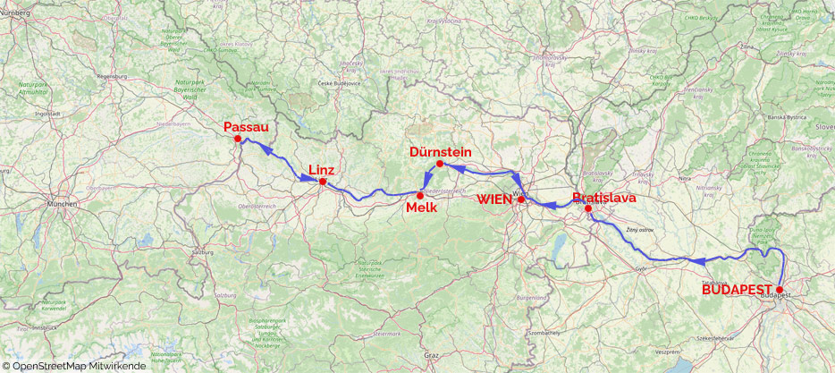 Die Route der Joy: Budapest - Bratislava - Wien - Dürnstein - Melk - Passau - Linz - Wien