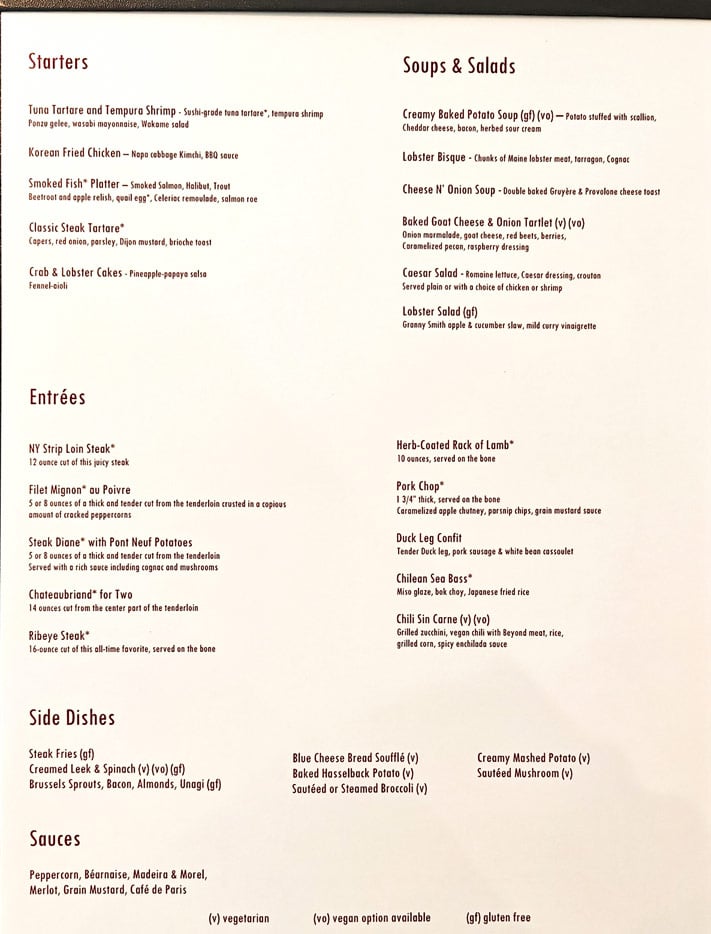 Azamara-Steakhaus Prime C, reguläre Speisekarte ...