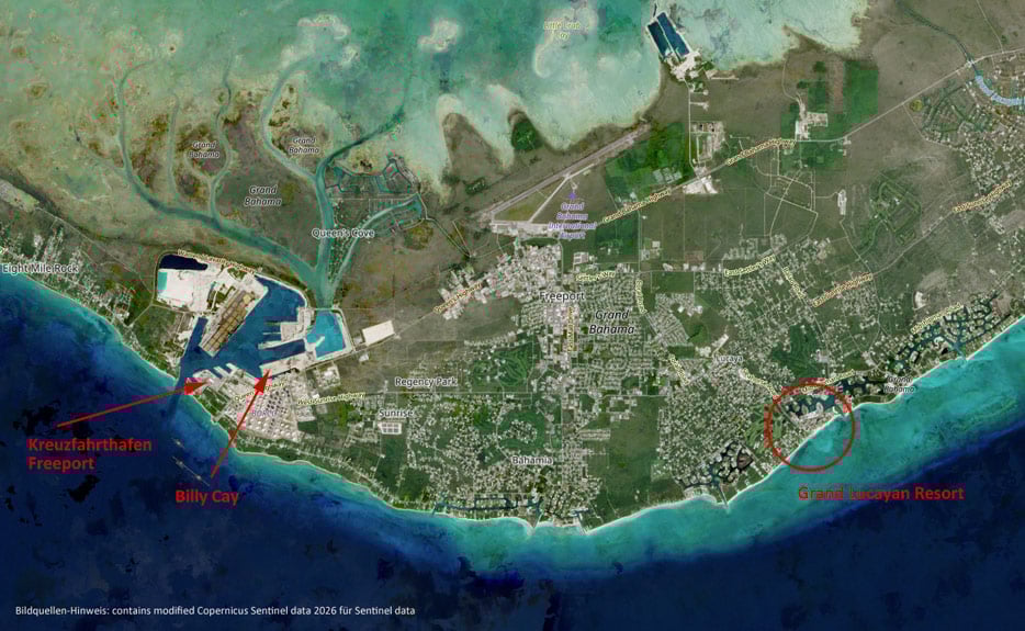 Lage des Grand Lucayan Resorts (Bildquellen-Hinweis: contains modified Copernicus Sentinel data 2026 for Sentinel data)