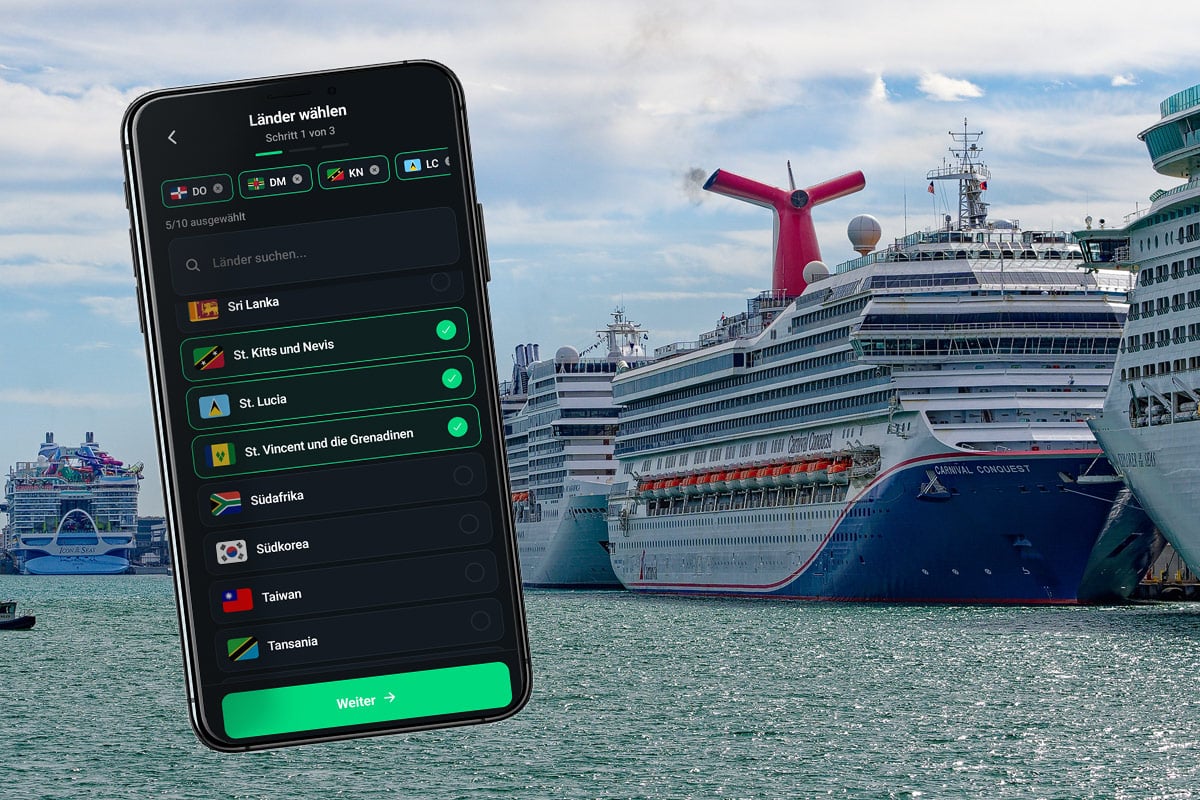 Symbolbild: Kreuzfahrtschiffe, Smartphone, eSIM-Auswahl