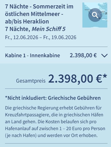 Hinweis auf die Griechenland-Gebühren bei TUI Cruises