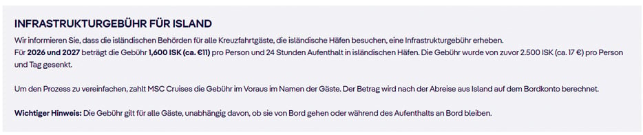 Gebührenhinweis zu Island: Bei MSC online lediglich bei den Informationen zu betroffenen Häfen