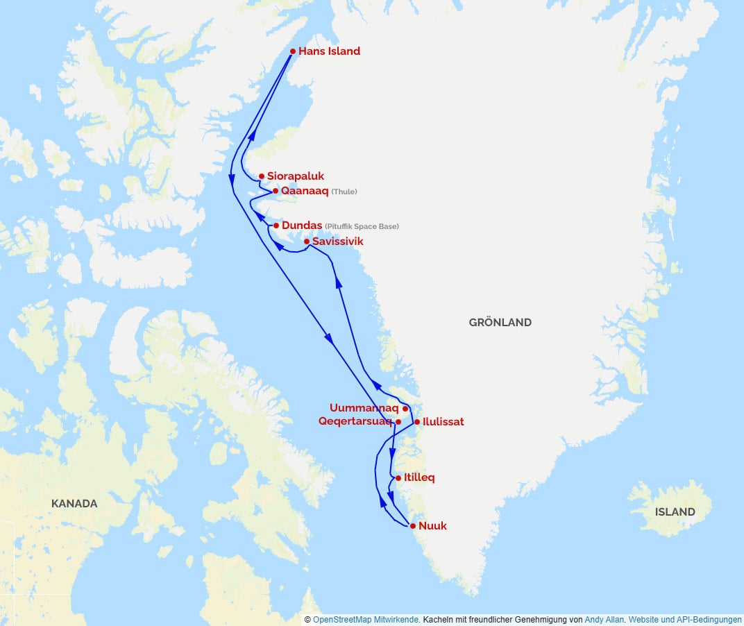 Fahrtroute der Fridtjof Nansen in West-Grönland