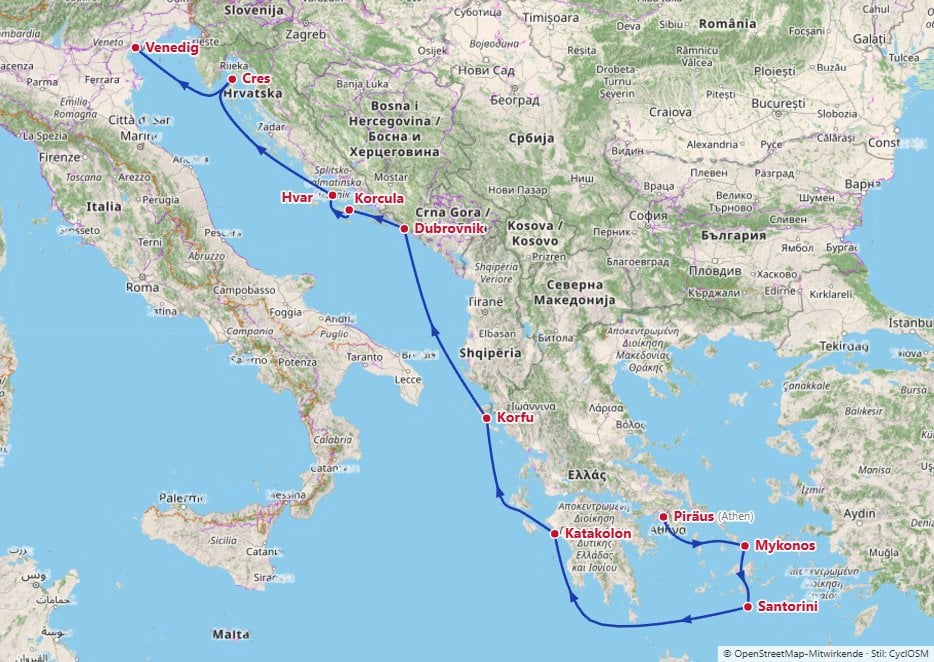 Fahrtroute der Star Clipper von Piräus nach Venedig