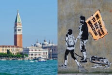Venedig-Kollage: Kreuzfahrt-Protest-Grafitti und Markusplatz