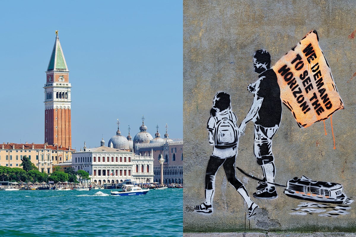 Venedig-Kollage: Kreuzfahrt-Protest-Grafitti und Markusplatz